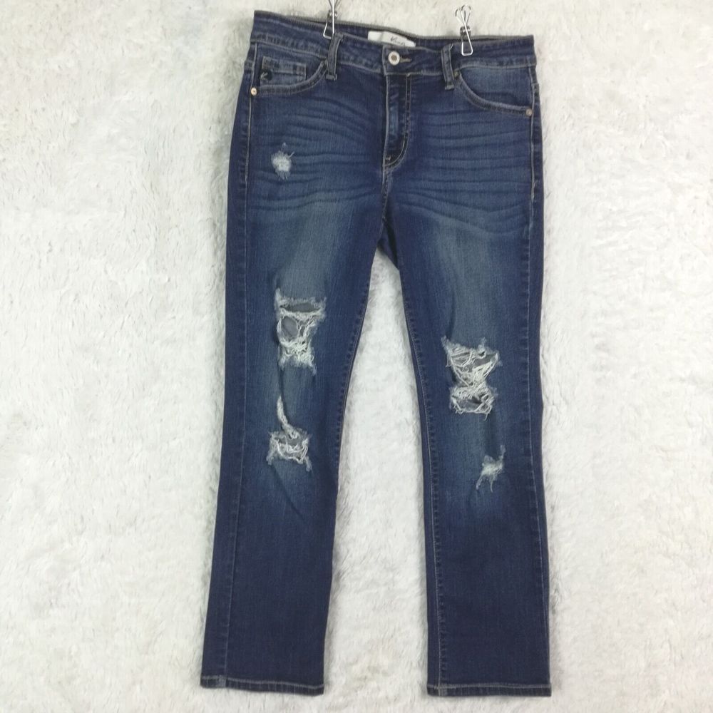 Kancan Womens Jeans Cropped Straight Denim Ripped Mid Rise Dark Wash Stretch 27